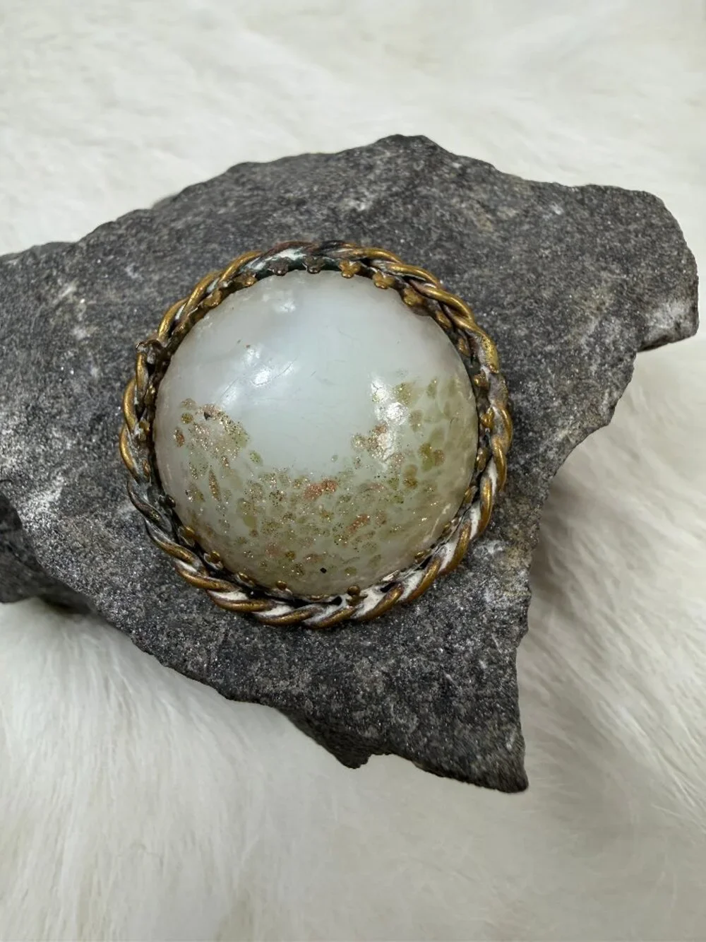 Antique White & Glitter Gold Plate Circle Brooch  C Clasp  1.25